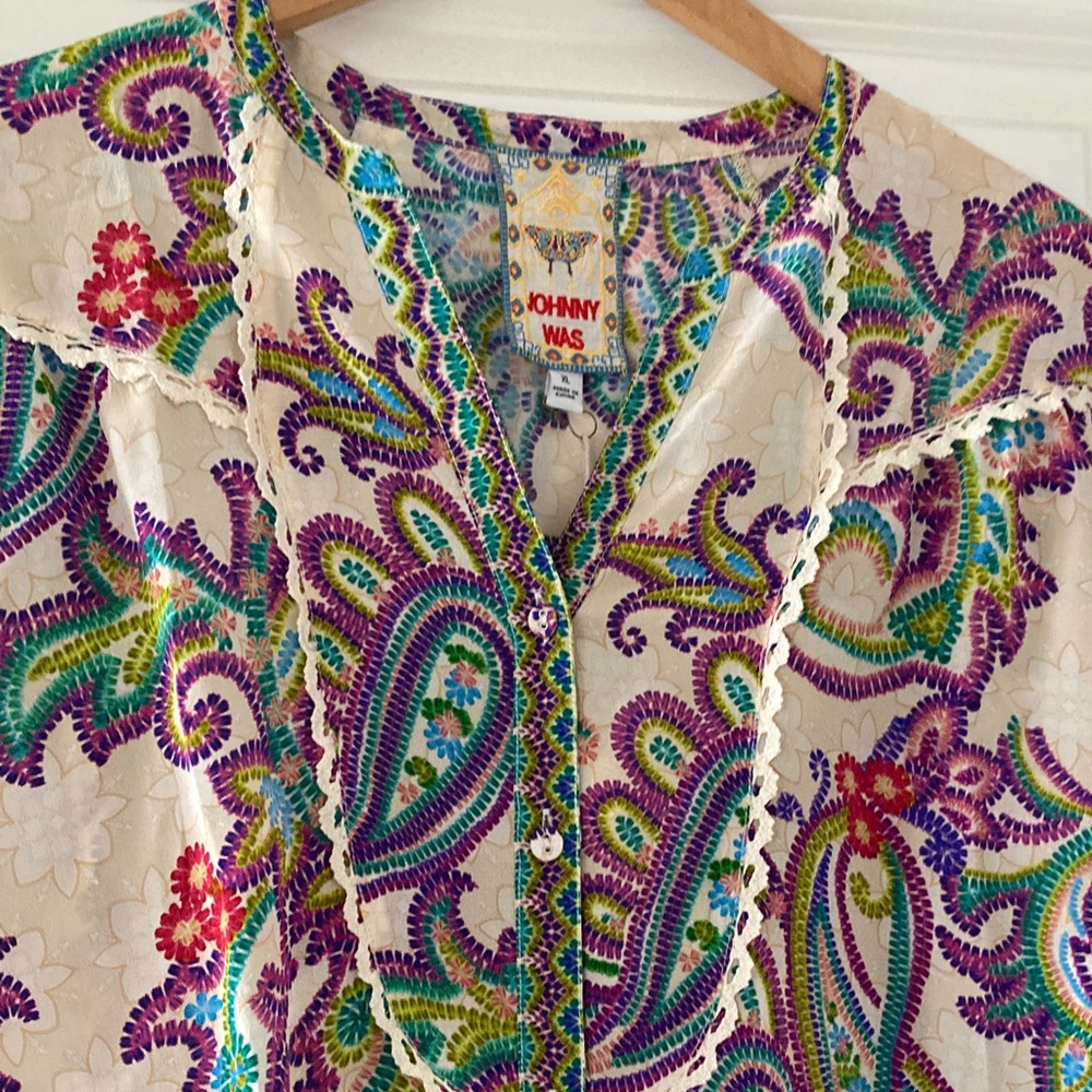 Johnny Was XL Noellie 100% silk Multicolor Paisley Blouse Long Sleeves - Picture 7 of 14